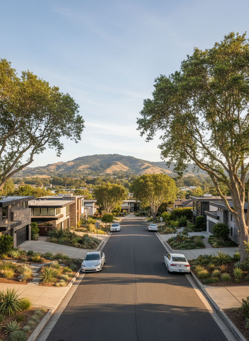 A detailed neighborhood overview scene of a desirable San Francisco Peninsula community, captured without people: a tidy tree-lined residential street with a mix of well-maintained mid-century and modern homes, each with distinct facades, drought-tolerant landscaping, and clean driveways. In the distance, low, rolling hills create a gentle backdrop under a clear, soft blue sky. Late afternoon sunlight casts warm, even illumination across the street, with long, subtle shadows from mature trees. Photographic realism from an eye-level, slightly off-center composition emphasizes depth, leading the viewer’s eye down the block. Parked cars are minimal and unobtrusive, maintaining a clean, uncluttered look. The mood is serene, safe, and established, illustrating the appeal of Peninsula neighborhoods for buyers and investors.