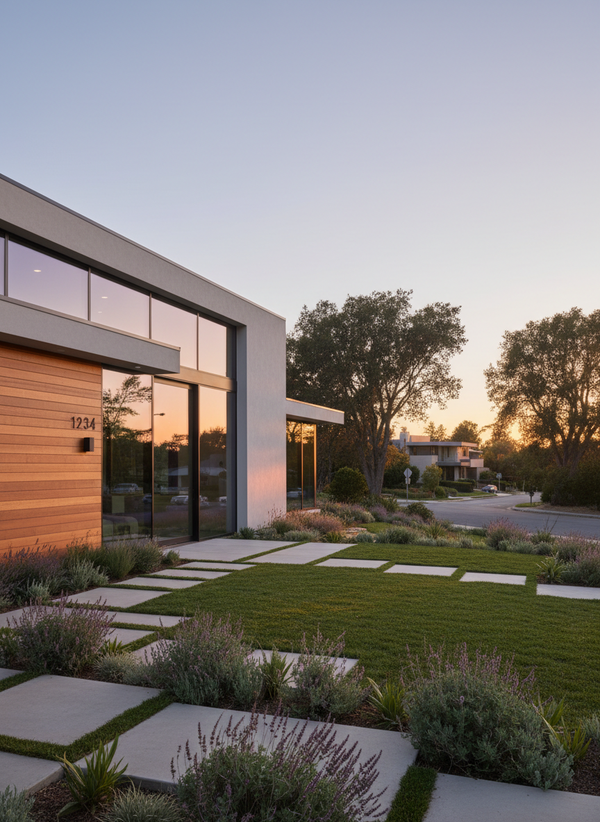 A sleek, contemporary San Francisco Peninsula home exterior with clean architectural lines, smooth light-gray stucco, and warm natural wood accents around expansive floor-to-ceiling windows. The house sits on a gently sloped, manicured front lawn with low-maintenance native plants, precise concrete pathways, and a subtle modern house number plaque. Late afternoon golden-hour sunlight washes the facade, creating soft, elongated shadows and glints on the glass. Captured in photographic realism from a slightly elevated, wide-angle perspective, the composition follows the rule of thirds, showing a quiet, tree-lined suburban street receding into a softly blurred background. The mood is professional, aspirational, and welcoming, conveying premium real estate in a calm, desirable Peninsula neighborhood.