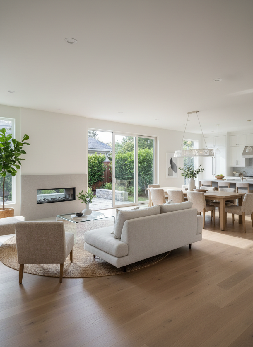 A bright, meticulously staged open-concept living room and dining area in a San Francisco Peninsula home, featuring a neutral palette of soft whites, warm beiges, and light oak flooring with a subtle matte finish. A streamlined gas fireplace with a minimalist stone surround anchors one wall, while large sliding glass doors reveal a lush but understated backyard. Morning natural light pours in, creating gentle highlights on a glass coffee table and subtle shadows under a tailored sofa. Photographic realism with an eye-level composition emphasizes depth, with crisp focus on the foreground furnishings and a tastefully blurred kitchen beyond. The mood is calm, refined, and move-in ready, ideal for showcasing a high-end listing’s interior potential.