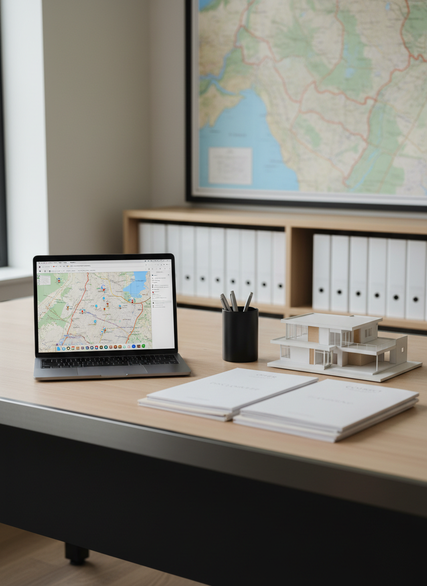 A clean, modern real estate workspace featuring a wide, light-wood desk with a brushed metal edge, a slim silver laptop displaying a property search map of the San Francisco Peninsula, and neatly stacked contract folders with discreet "Offer", "Disclosures", and "Closing" labels. A small architectural model of a contemporary home sits beside a minimalist pen cup. Soft, diffused daylight streams through an unseen window, creating a professional, focused atmosphere with minimal shadows. Captured in photographic realism from a slightly elevated angle with shallow depth of field, the laptop and model are in sharp focus while shelves with organized binders and a framed topographic Peninsula map fade softly behind. The mood is efficient, trustworthy, and detail-oriented, ideal for illustrating expert real estate guidance and paperwork navigation.