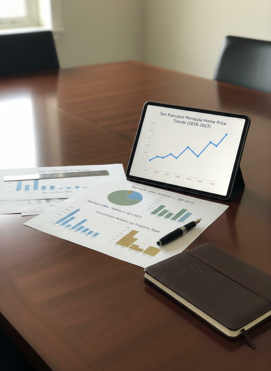 A polished, data-focused real estate analysis scene laid out on a smooth dark-wood conference table: an open tablet shows a graph of San Francisco Peninsula home price trends, accompanied by printed charts displaying days-on-market, multiple-offer statistics, and investment returns, all with clean, minimal design. A slim metal ruler, a sleek black fountain pen, and a closed leather-bound notebook add tactile detail. Soft, overhead office lighting combines with gentle window light from the side, creating refined highlights on glossy chart paper and subtle shadows along the table’s grain. Photographic realism, captured from a slightly elevated, close-up perspective with a shallow depth of field, keeps the central graphs crisp while background edges fade softly. The mood is analytical, transparent, and strategic, ideal for conveying expert market insight and investment guidance.