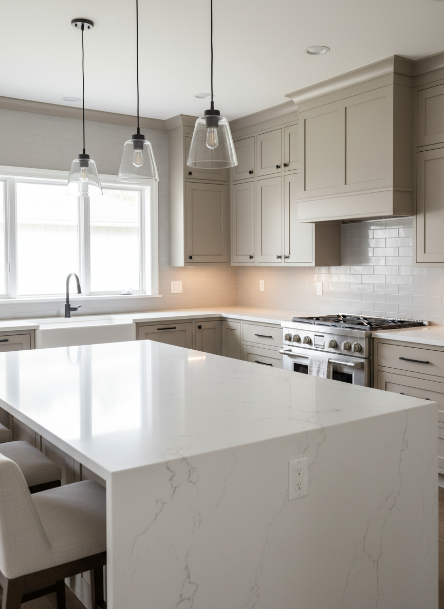 An elegant kitchen in a Peninsula home, designed to appeal to discerning buyers, with a large white quartz island featuring delicate gray veining, waterfall edges, and integrated storage. Smooth, flat-front cabinetry in warm taupe contrasts with matte black hardware, while a professional-grade stainless steel range and minimalist hood create a focal point. Three understated glass pendant lights provide soft, warm illumination that blends with overcast natural light from a wide window above a deep farmhouse sink. Captured in photographic realism at eye level with a slight three-quarter angle, the composition emphasizes clean lines and generous workspace, with barstool seats just visible at the island edge. The mood is inviting, polished, and aspirational, evoking a move-in-ready, entertainer’s dream kitchen for real estate marketing.